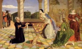 1198 | Berengaria - Charles Allston Collins, peintre anglais (1850). Berengaria, femme de Richard Coeur de Lion, inquiète du sort de ce dernier, reconnaissant sa ceinture dans les mains d'un vendeur à Rome. Ce célèbre tableau se trouve à Manchester en Angleterre.