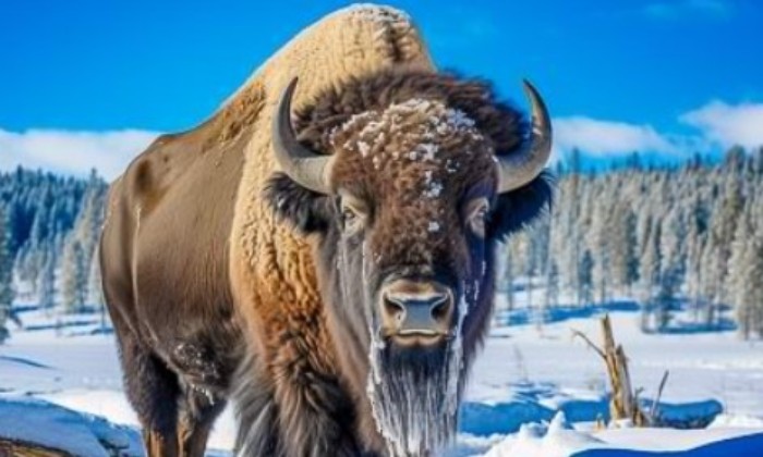 puzzle Bison en neige, Le bison est l'un des animaux les mieux adaptés pour survivre à un hiver rigoureux. Il n'a même pas froid jusqu'à ce que la température descende en dessous de -40 degrés ! Lors d'une année de fortes chutes de neige, ce bison devait creuser profondément pour trouver de l'herbe ou des plantes sous la neige.